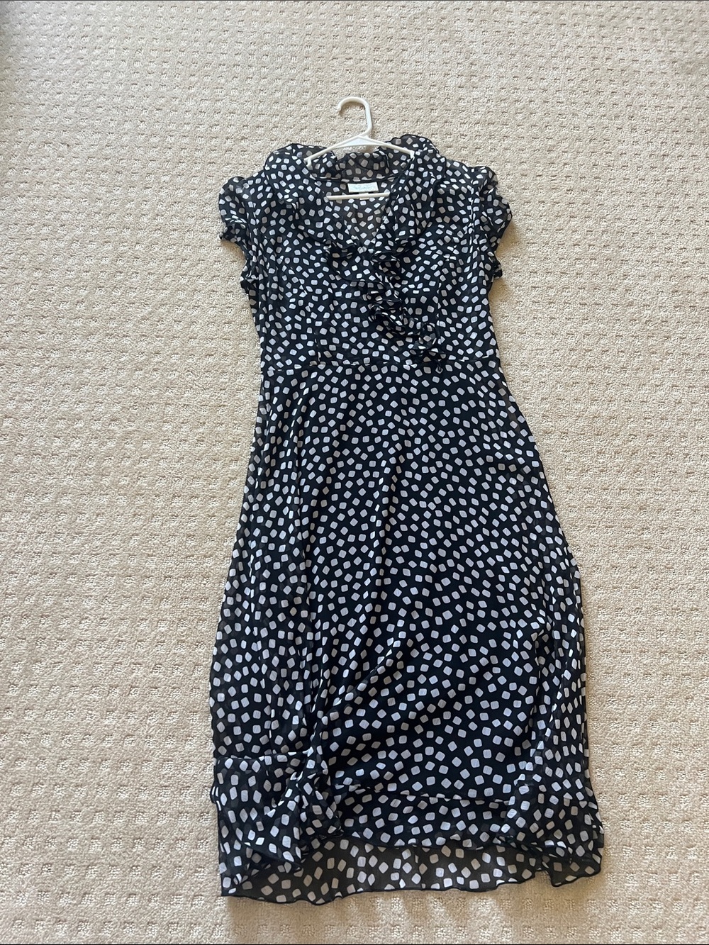dressbarn Black and White Polka Dot Ruffle Fit-and-Flare Dress